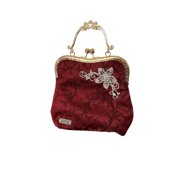 Vintage Inspired Burgundy Handbag with Rhinestone Brooch and Clasp Closure - Picture 1 of 4